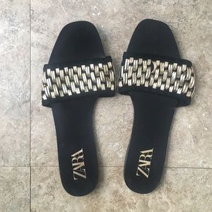 Black & Gold Braided Flat Sandals